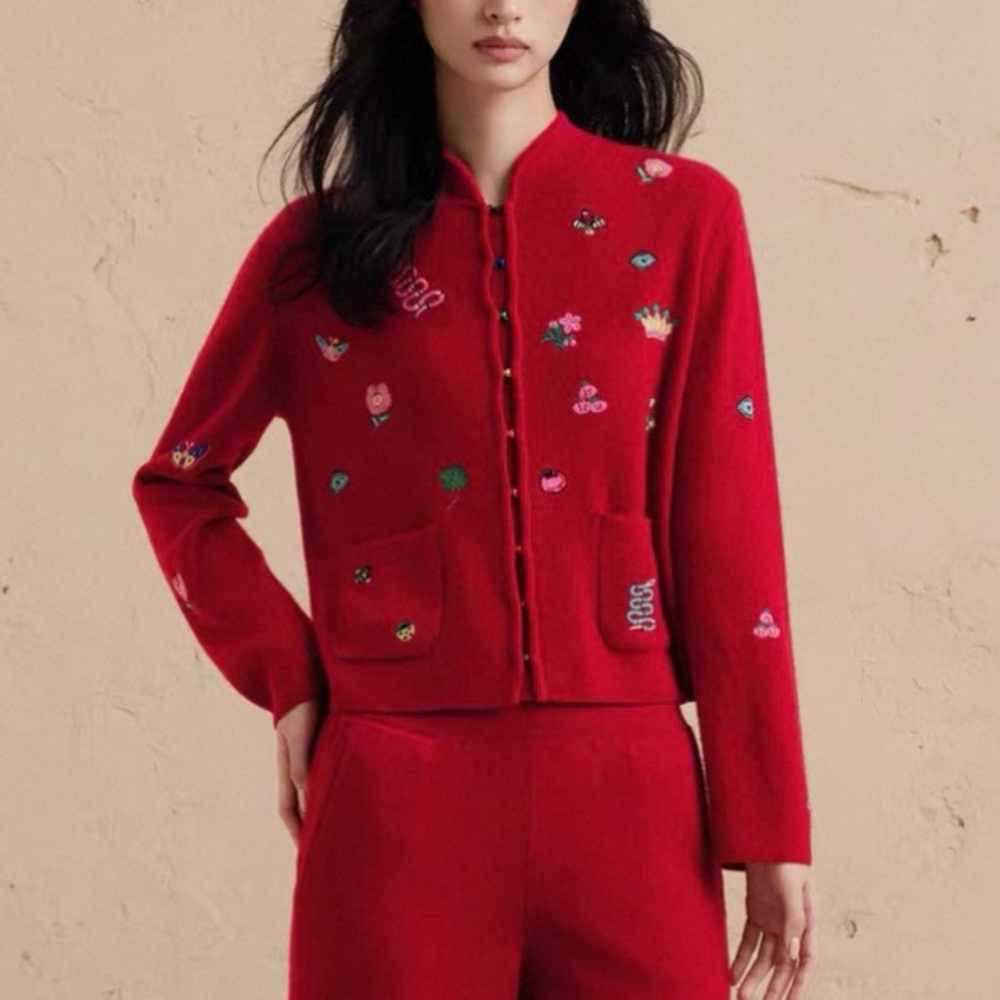 Erdos Chinese Style Red Cashmere Cardigan with Plants and Animal Embroidery